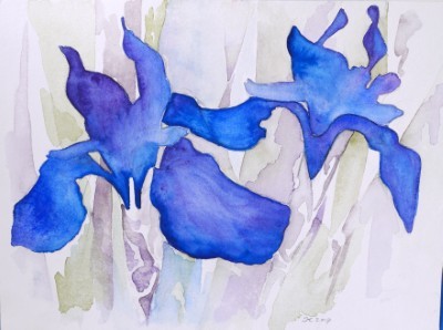 Aquarellbild zweier abstrakter  Irisblüten in Blautönen